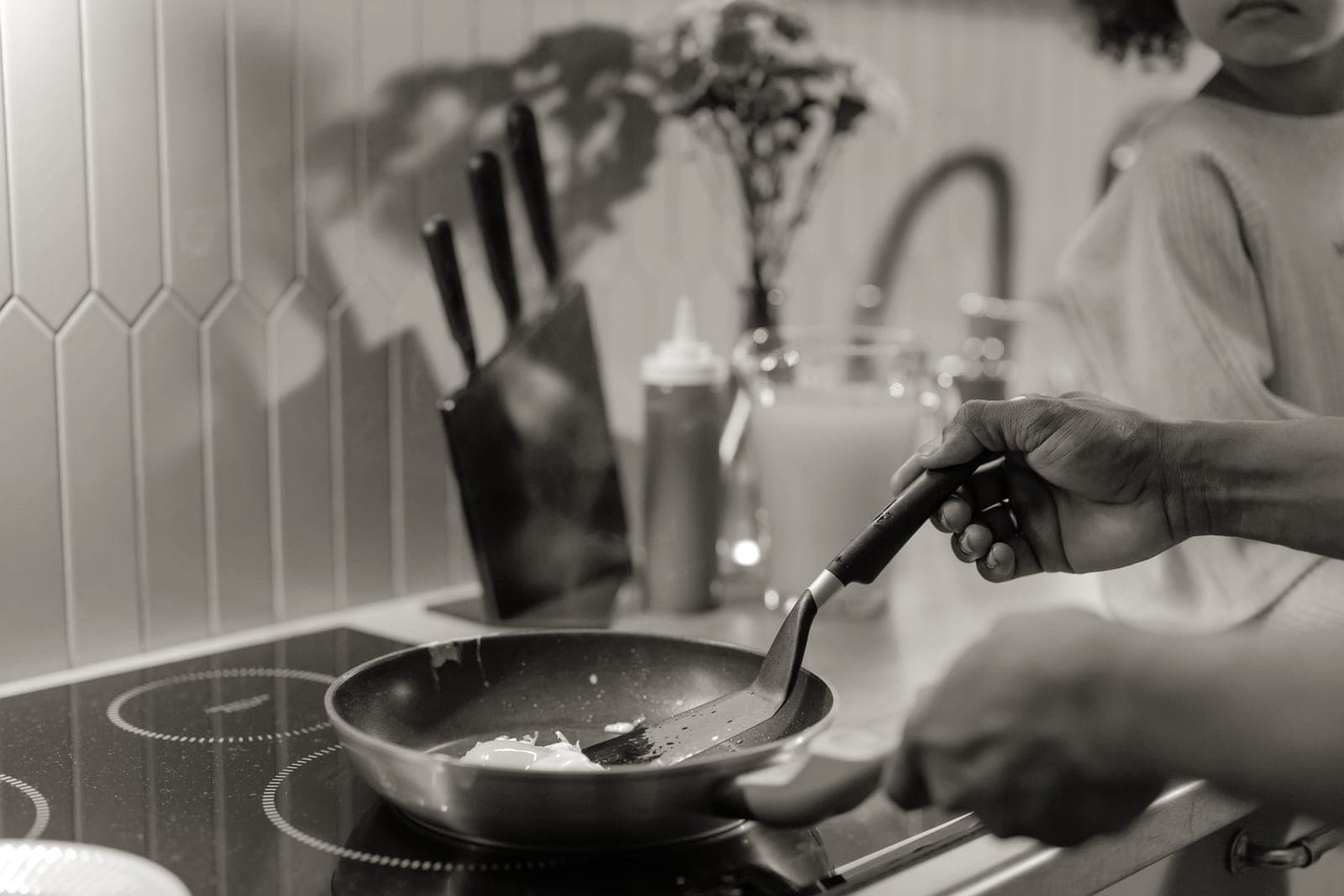 Eggs cooking in a nonstick frying pan